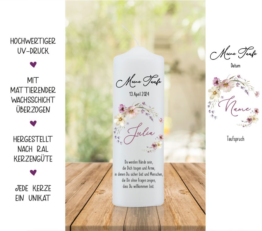 Taufkerze mit buntem Blumenkranz 