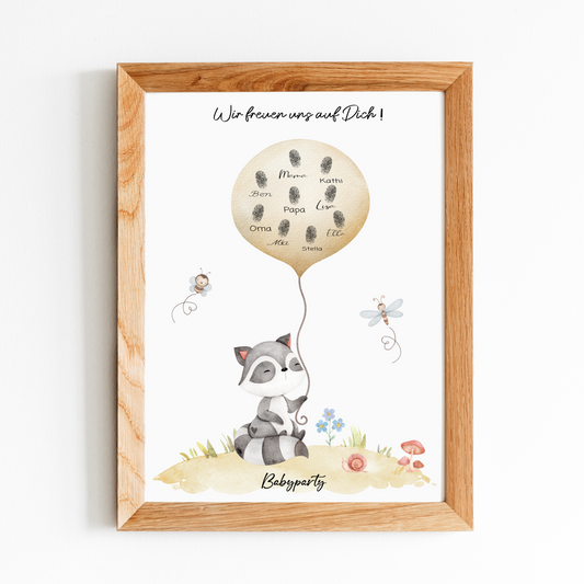 Fingerprint Gästebuch Babyparty - Motiv kleiner Waschbär mit Ballon