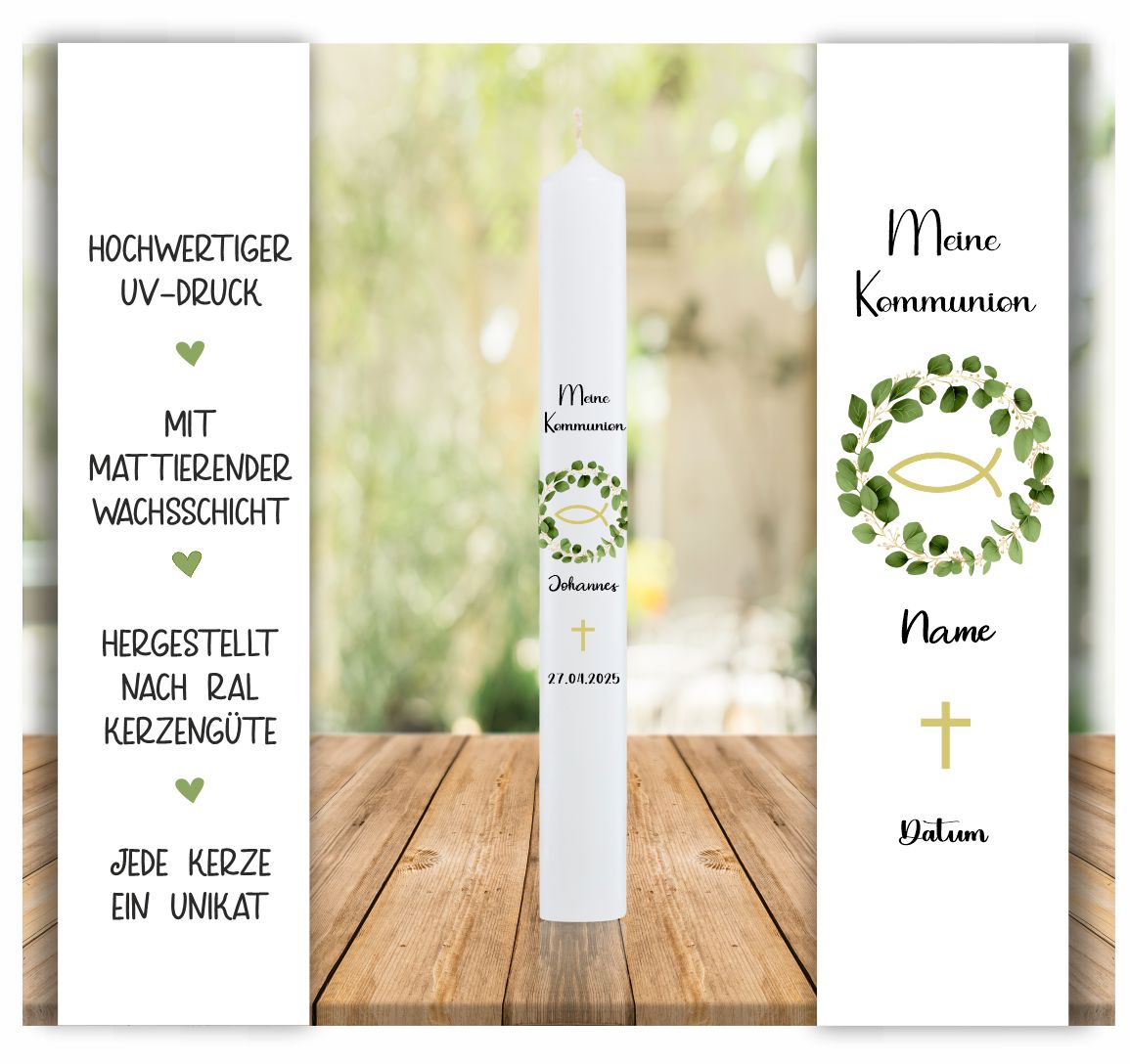 Kerze mit Motiv Blätterranke Fisch und Kreuz personalisiert weiß
