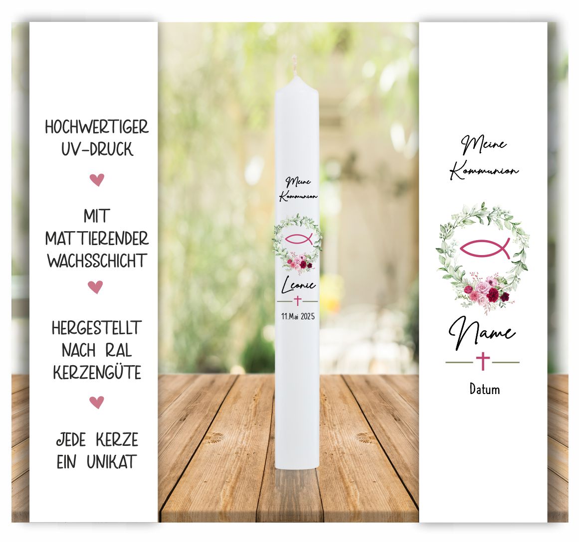 Kerze mit Motiv Blätterranke mit Fisch personalisiert